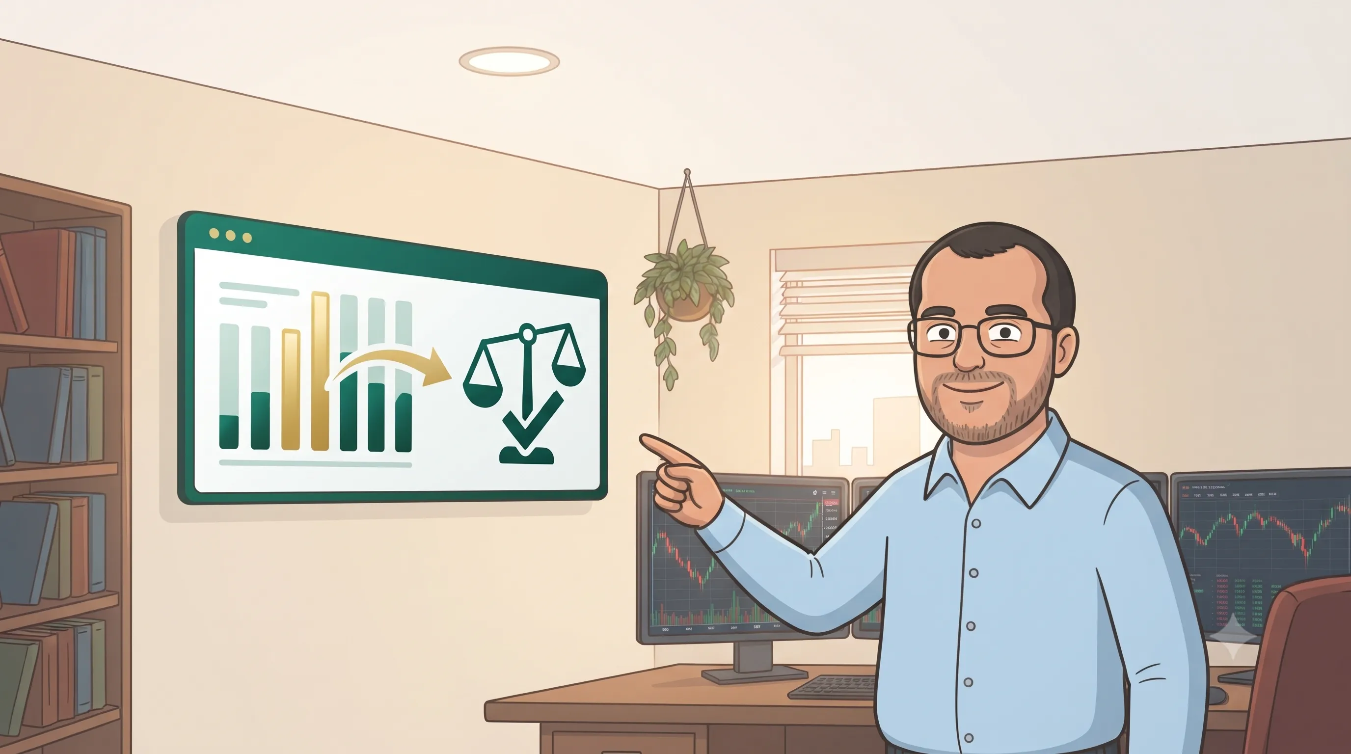 Ilustración del personaje de Invierto Mi Tiempo señalando un panel de indicadores conectado por una flecha a un ícono de balanza, representando cómo los datos se convierten en una decisión