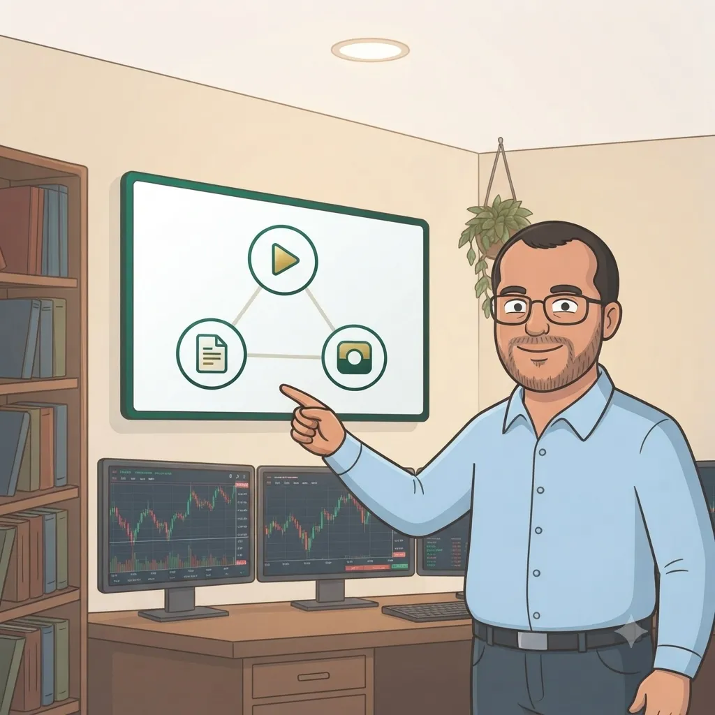 Ilustración del personaje de Invierto Mi Tiempo señalando un diagrama de tres nodos conectados que representan video, artículo e historia — los tres medios del proyecto