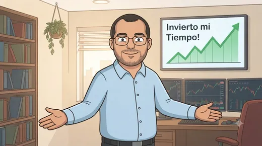 Personaje de Invierto Mi Tiempo frente a sus pantallas de análisis